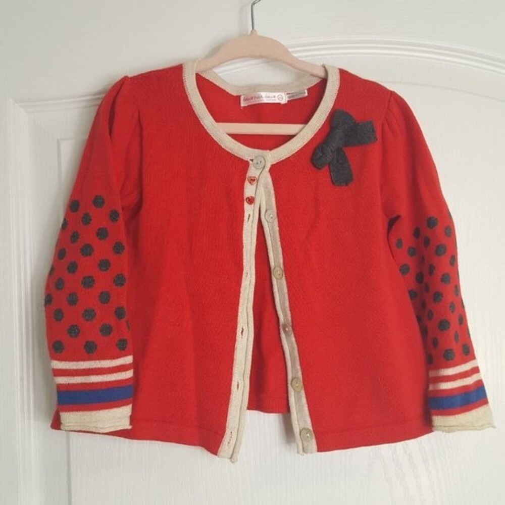 deux par deux Red Cardigan with Polka Dots Hearts Bows